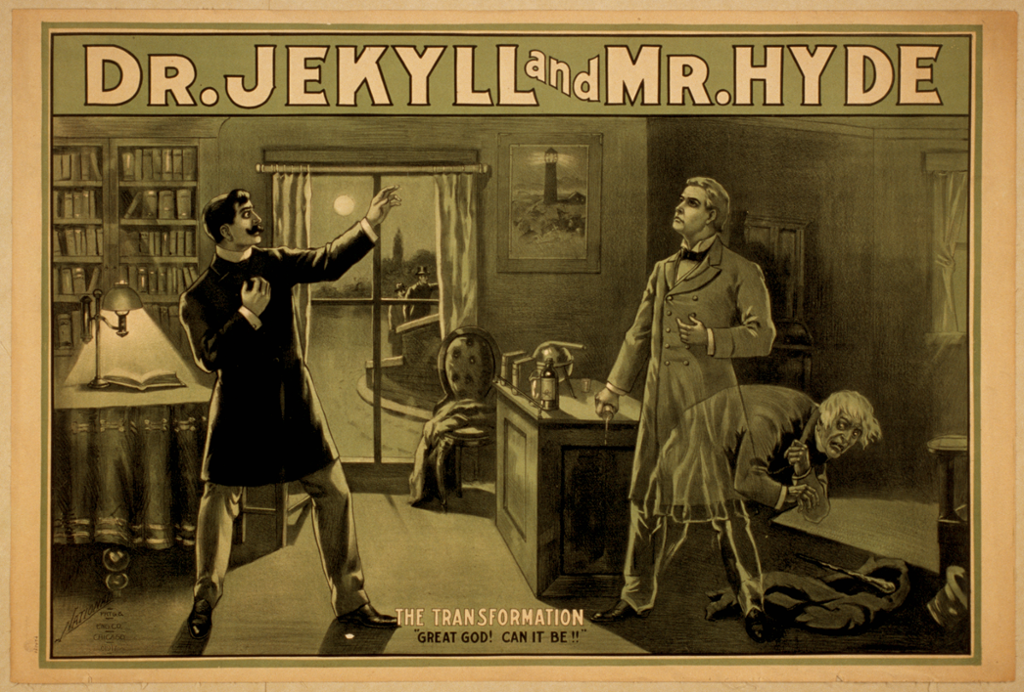 Illustration: The words Dr. jekyll and Mr Hyde in capital letters. Two well dressed men are facing each other in an old-fashioned study at night. The man on the left looks stunned, and is holding up his arms as if to protect himself. A ghostly, ugly man is protruding from the bottom half of the man on the right.