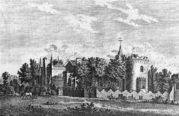 Engraving: In shades of white and grey we see the outline of a castle-like structure with turrets and towers. 