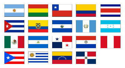En kollasj av flaggene til alle spansktalende latinamerikanske land. Flaggene er: Mexico, Guatemala, El Salvador, Honduras, Nicaragua, Costa Rica, Panamá, Colombia, Venezuela, Ecuador, Peru, Bolivia, Paraguay, Uruguay, Chile, Argentina, Cuba, Den Dominikanske republikk og Puerto Rico.