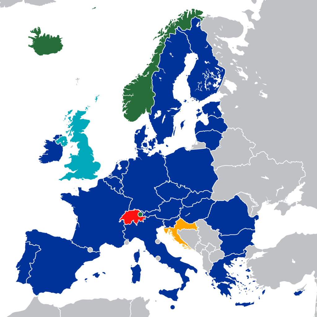 Illustrasjon av et europakart over EU- og EFTA-land. Kartet viser at de fleste vesteuropeiske land og noen østeuropeiske land er medlemmer av EU, mens Norge, Island og Sveits er medlemmer av EFTA.
