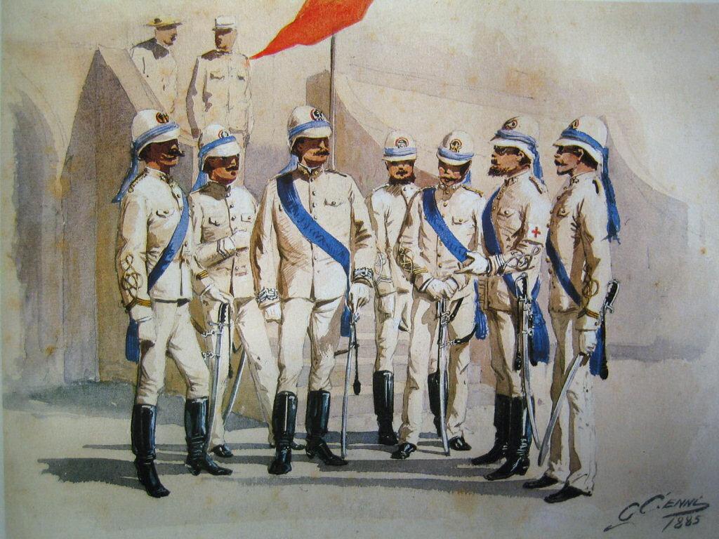 Italienske offiserer i Italiensk Somaliland. Soldatene har hvite uniformer med blå bånd og tropehjelm. Maleri.