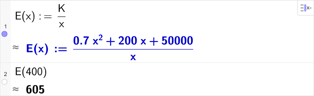 Skjermutklipp som viser CAS-utregning med GeoGebra. På linje 1 er funksjonen E av x definert som K delt på x. På linje 2 er E av 400 beregnet med tilnærming til 605.