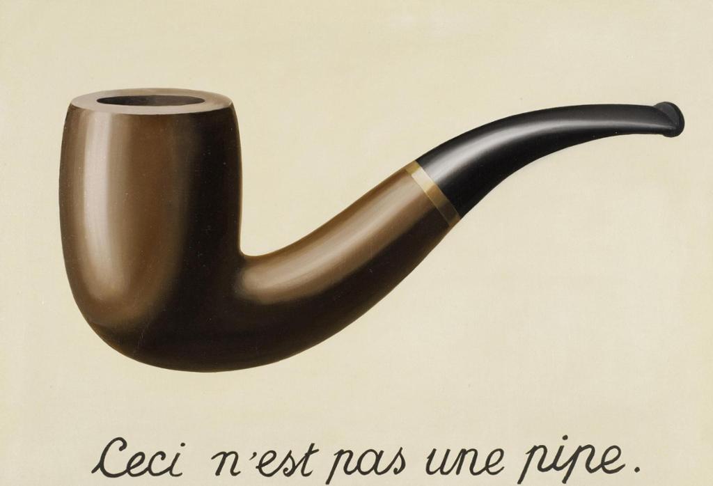 Bilde av en pipe med teksten "Ceci n'est pas une pipe" under. Maleri.