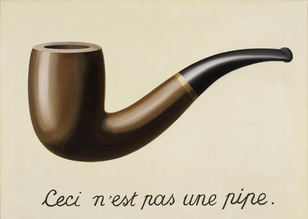 Bilde av ei pipe med teksten "Ceci n'est pas une pipe" under. Maleri.