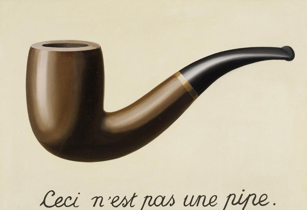 Bilde av ein pipa med teksten "Ceci n'est pas une pipe" under. Måleri.