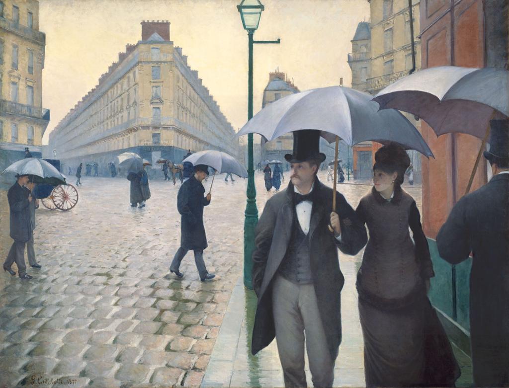 En mann og en kvinne med paraply går i Paris' gater. Maleri.