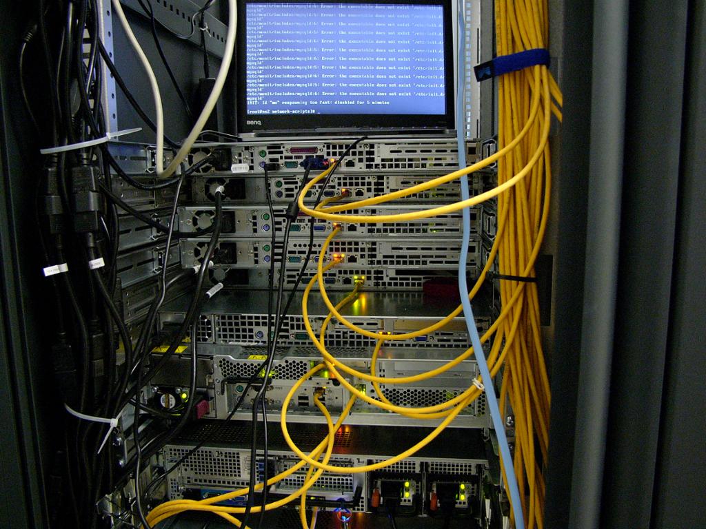 Baksiden av et serverskap. Mange servere er stablet oppå hverandre, alle er tilkoblet strøm og med nettverkskabel. Foto.