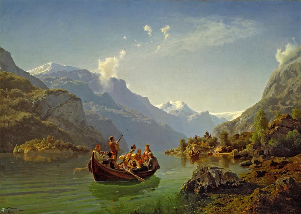 Ein båt med brudefølge på ein norsk vestlandsfjord med høge fjell i bakgrunnen. Maleri.