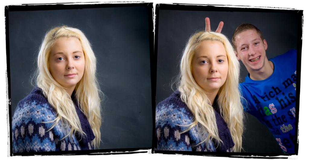 To portrett av en jente hvor en gutt holder opp to fingre bak hodet hennes på det ene portrettet. Foto.