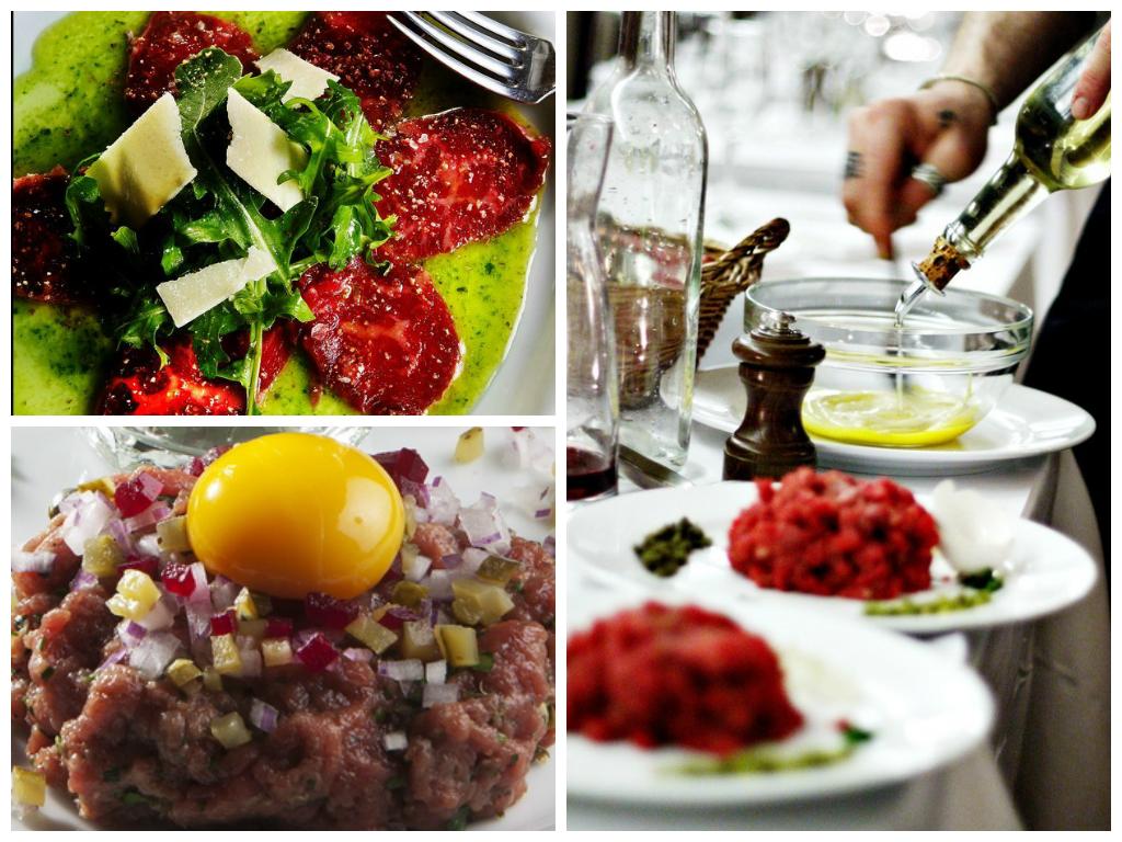 Tre bilder av retter av rått kjøtt: carpaccio og biff tartar. Foto.