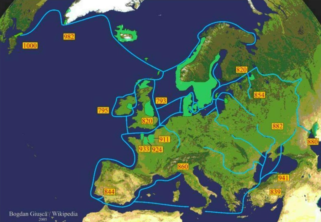 Kart over Europa med linjer og årstall som markerer vikingferder. 