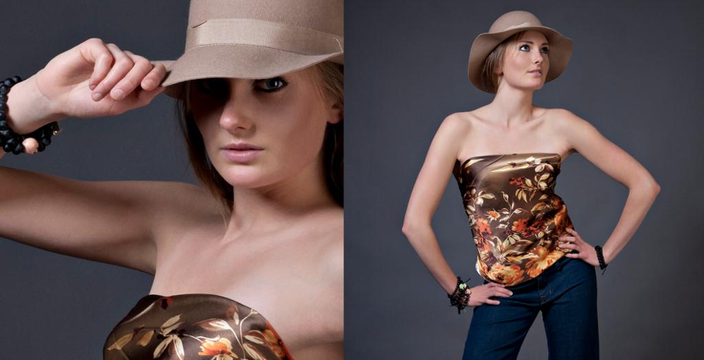 To bilder av en ung kvinne med hatt som poserer. Foto.