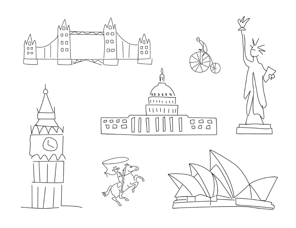 Illustrasjon: Enkle tegninger av kjente byggverk. Big Ben, Operahuset i Sydney, Kongressbygningen i Washington, Frihetsgudinnen, og Tower Bridge. I tillegg ser vi en person på en veltepetter og en cowboy til hest. 