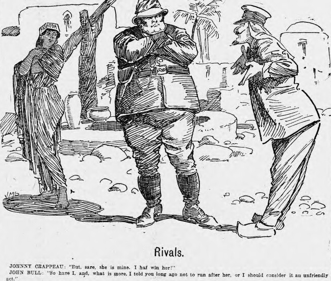 Karikatur over Fashoda-krisen der Storbritannia og Frankrike nesten gikk til krig mot hverandre for få kontroll over Sudan i 1898. Karikaturen viser Johnny Crappeau og John Bull, som skal personfisere Frankrike og Storbritannia, rivalisere over Lady Fashoda. Illustrasjon.