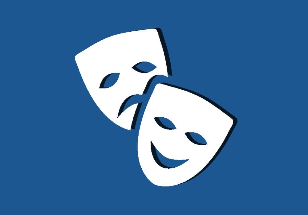 Ikon for rollespill. Det klassiske teatersymbolet med en trist maske og en glad maske. Illustrasjon.