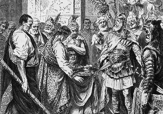 Vest-Romerrikets siste keiser, Romulus Augustus, overgir kronen til Odovakar, Italias første konge. Illustrasjon fra 1800-tallet.