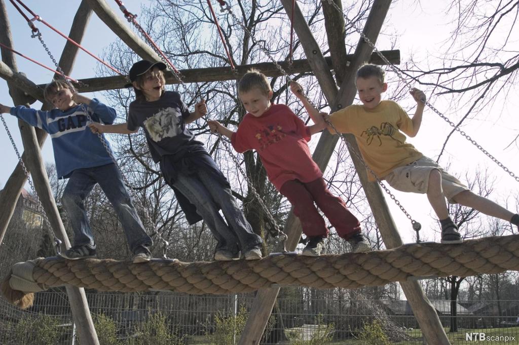 Fire barn står på en svinghuske og smiler. Foto. 