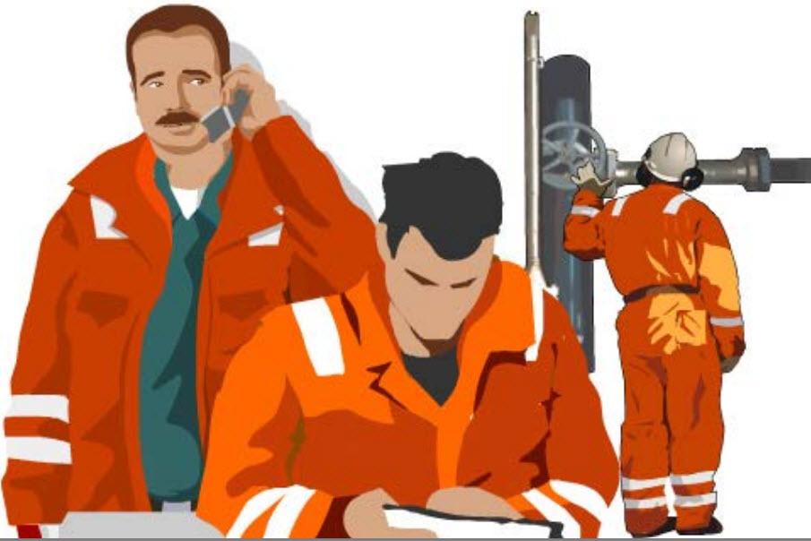 Offshore-arbeidere. En snakker i telefon, en noterer ned noe, og en i bakgrunnen undersøker et rør. Illustrasjon.