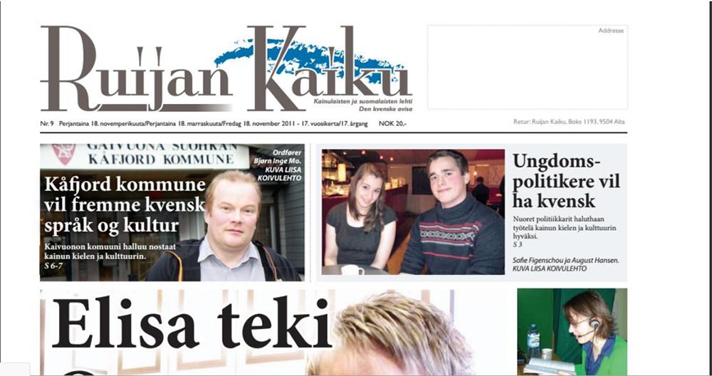 Utsnitt av forsida til den kvenske avisa Ruijan Kaiku. Faksimile.