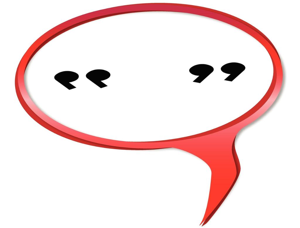 A pair of Quotation marks in a red speech bubble. Illustration. 