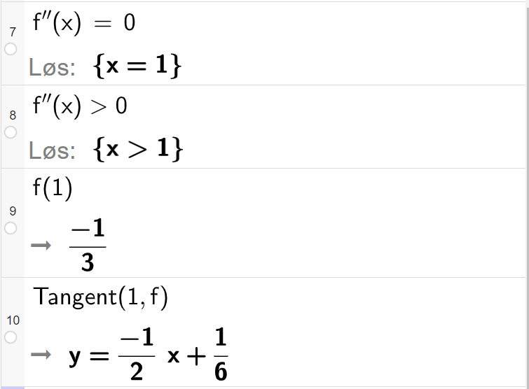 CAS-utregning med GeoGebra. På linje 7 er det skrevet f dobbeltderivert av x er lik 0. Svaret med "Løs" er x er lik 1. På linje 8 er det skrevet f dobbeltderivert av x større enn 0. Svaret med "Løs" er x større enn 1. På linje 9 er det skrevet f av 1. Svaret er minus 1 delt på 3. På linje 10 er det skrevet "Tangent" parentes 1 komma, f parentes slutt. Svaret er y er lik minus en halv x pluss 1 seksdel. Skjermutklipp.