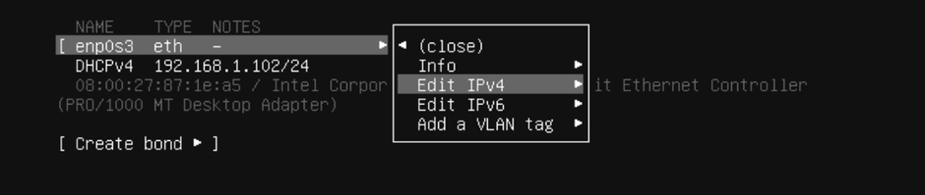 Undermeny som lar brukeren se informasjon eller justere IPv4, IPv6 eller Vlan-innstillinger til nettverkskort. Skjermbilde fra Ubuntu Server 20.04.