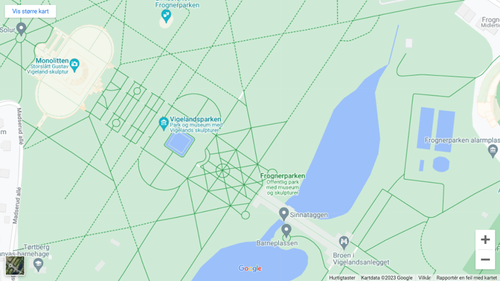 Utsnitt fra Google Maps som viser et kart over Frognerparken i Oslo. Skjermbilde.
