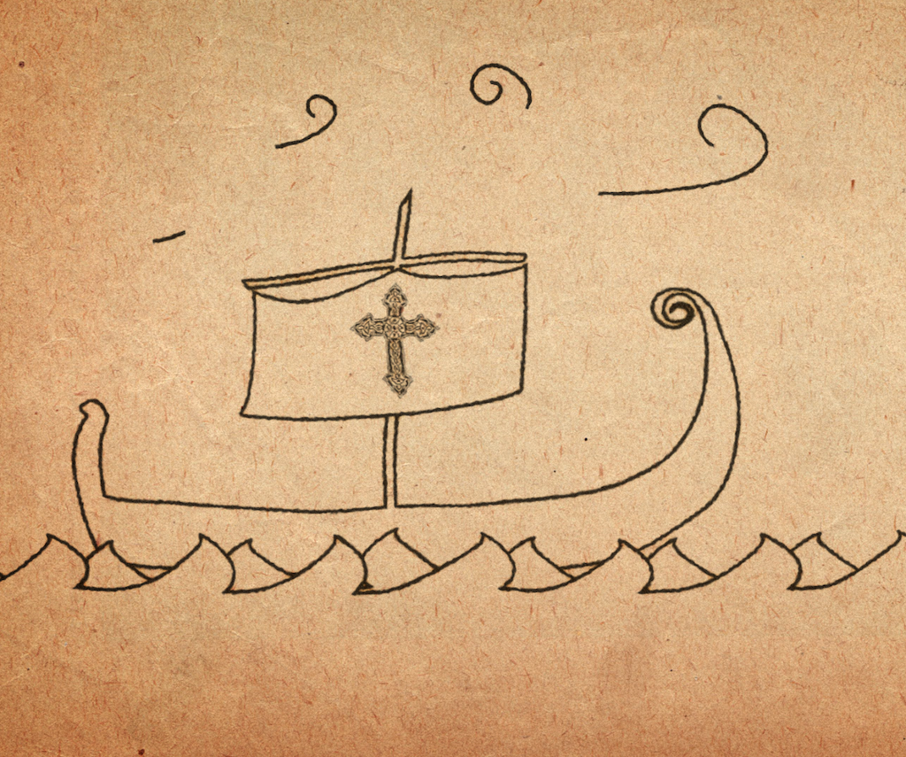 Strektegning av et vikingskip med et kors på seilet. Illustrasjon.