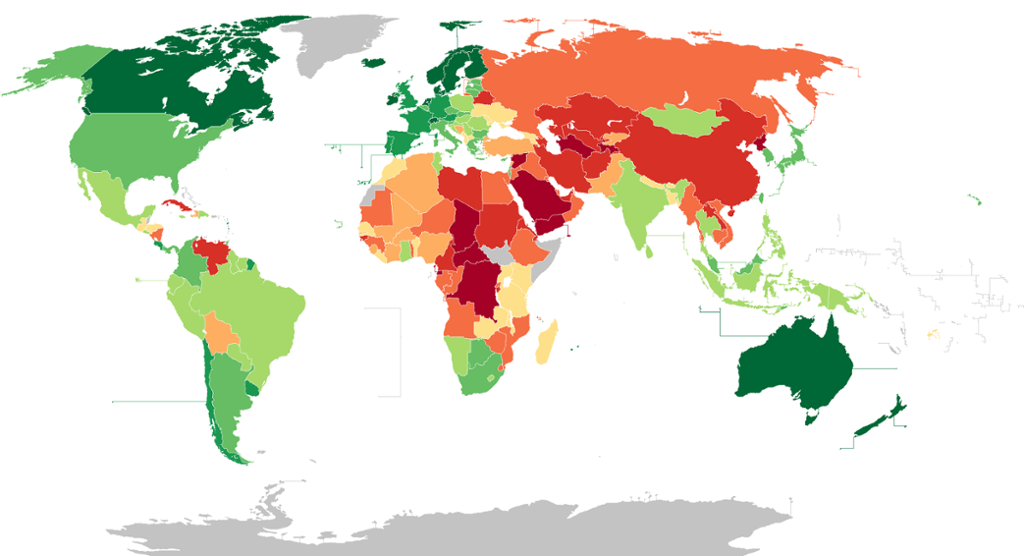 Map showing the countries of the world and their varying degree of democracy 