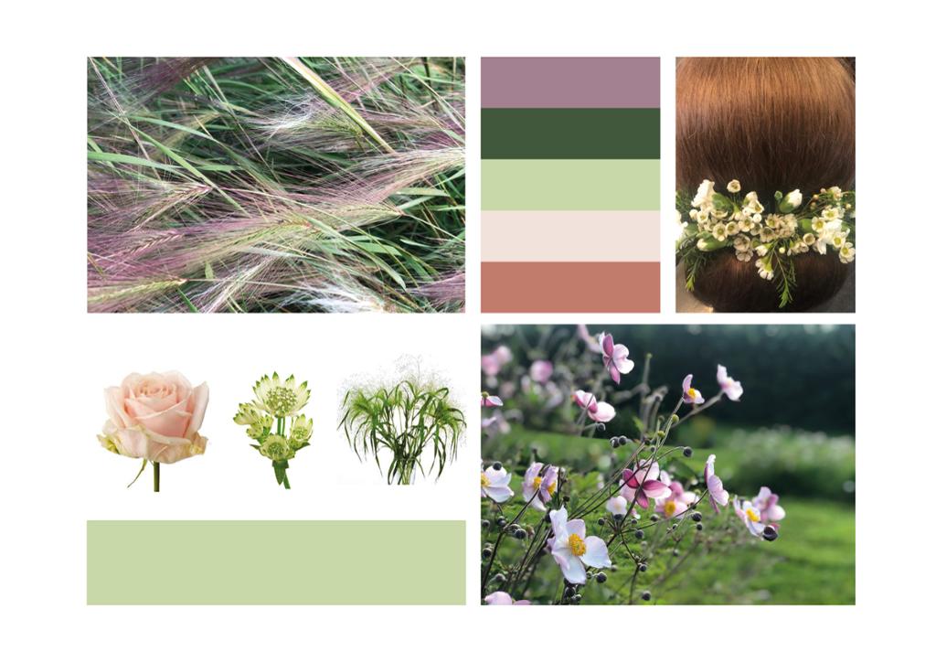 Moodboard med fargepalett i grønt, fersken og fiolett, bilde av blomster, prydgress og en frisyre med blomster i. Foto. 
