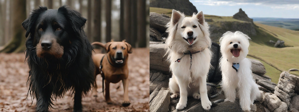 To realistiske KI-bilder side ved side. Det første viser en stor svart hund og en liten brun. Det andre viser to hvite hunder av ganske lik størrelse. Kollasj med to fotoer.