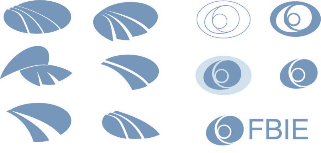 En oppdelt sirkel bearbeides på ulike måter for å skape en logo til FBIE. Illustrasjon.