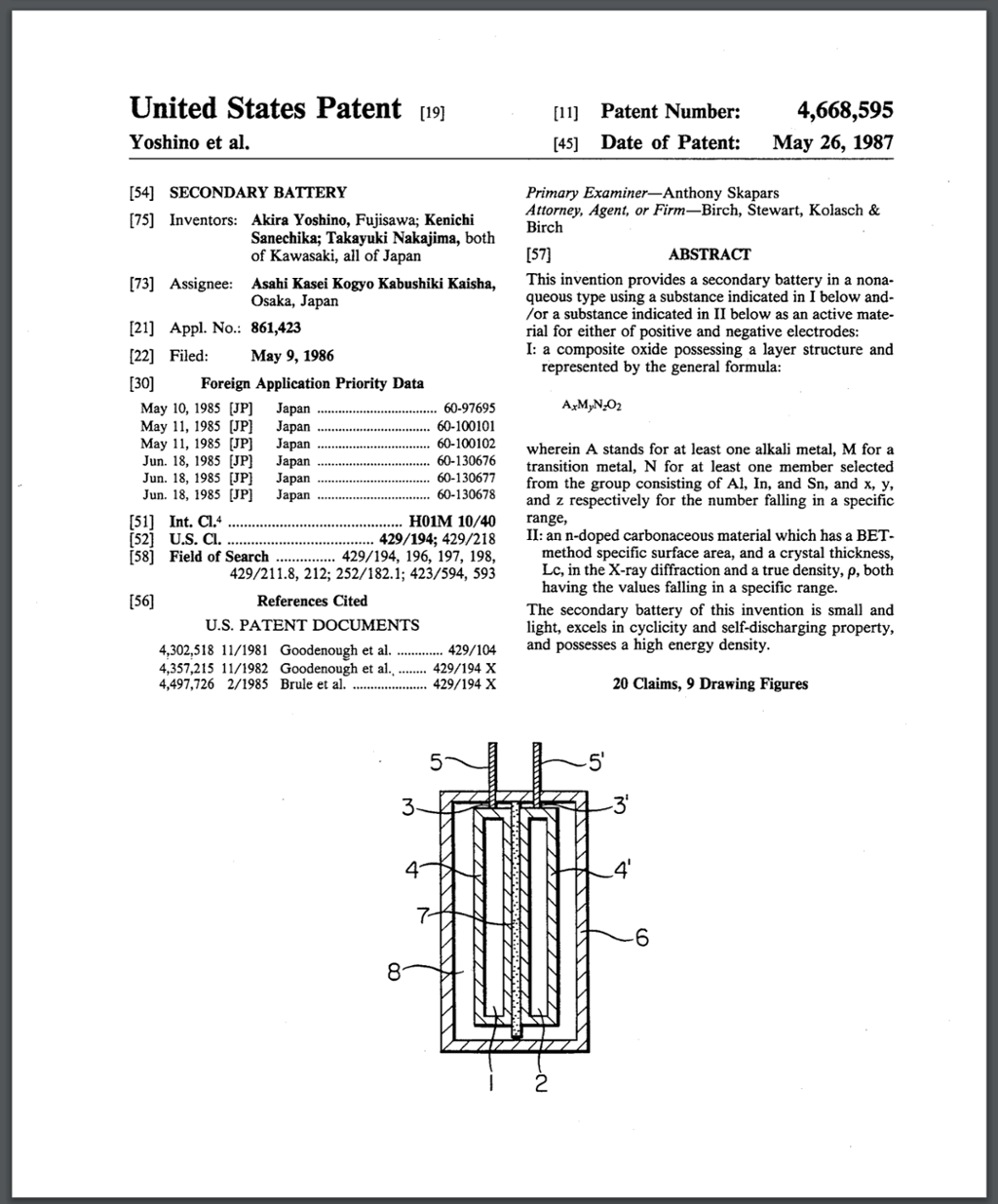 Forsiden av et amerikansk pantentdokument fra 1987. Det inneholder en detaljert beskrivelse, liste over relaterte dokumenter og en modell av oppfinnelsen, som er et batteri. Faksimile. 