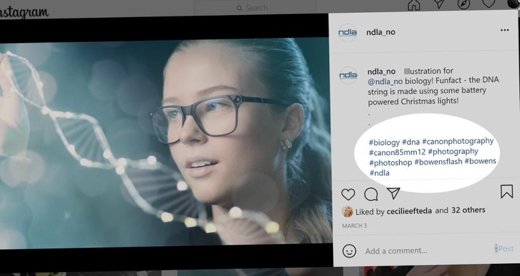 En Instagram-post med et bilde av en jente og mange emneknagger i bekrivelsesfeltet. Foto.