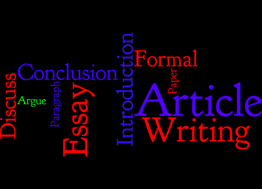 Word cloud containing the following key words: discuss, argue, conclusion, paragraph, essay, formal, paper, article, writing and introduction. Illustration.