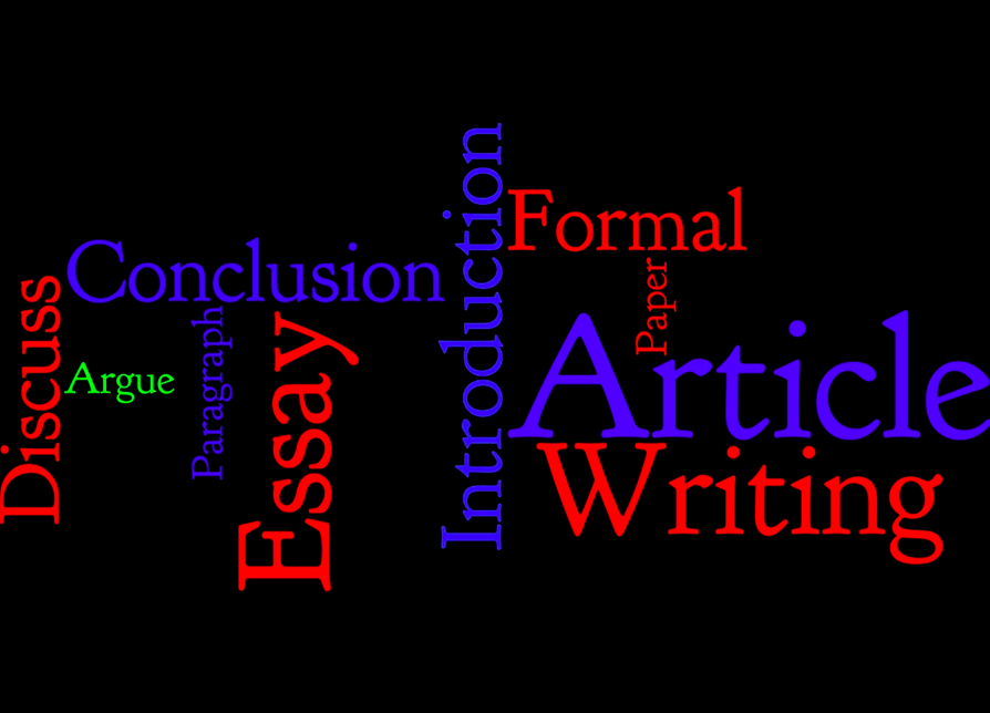 Word cloud containing words such as article, essay and writing. Illustration.