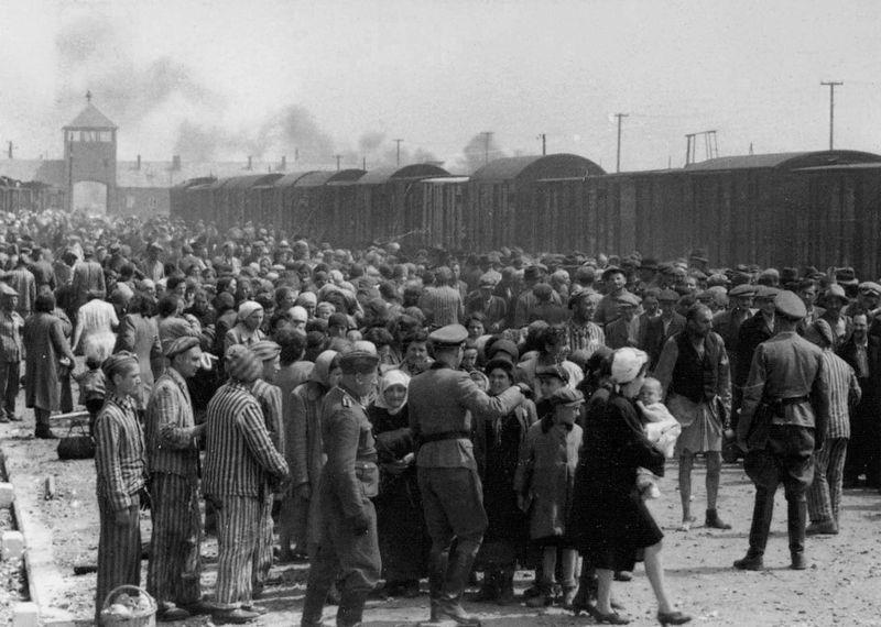 Ungarske jøder i Auschwitz-Birkenau blir gjenstand for utvelgelse etter ankomst med tog i 1944. Foto. 