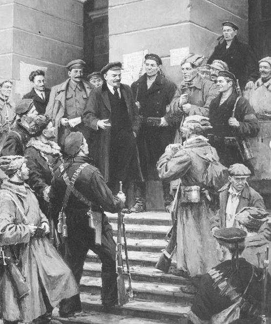 Lenin står på ei trapp og er i samtale med soldatar og matrosar under oktoberrevolusjonen i St. Petersburg i 1917. Måleri.
