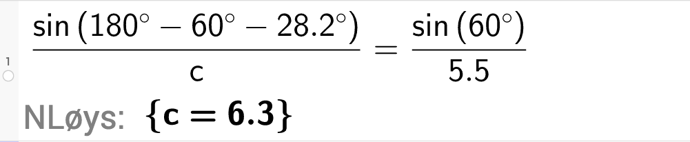 sinus til 180 gradar minus 60 gradar minus 28 komma 2 gradar delt på c \