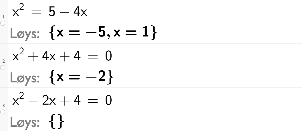 Løsing av andregradslikninger i GeoGebra. Illustrasjon.