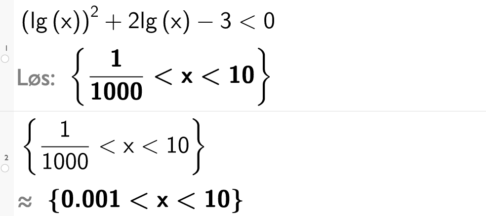 Ulikheter med logaritmeuttrykk i Geogebra. Utklipp