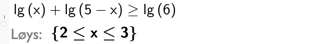 CAS-løysing med GeoGebra. På linje 1 er det skrive l g x pluss l g parentes 5 minus x parentes slutt større eller lik l g 6. Svaret med Løys er 2 mindre eller lik x mindre eller lik 3. Skjermutklipp.