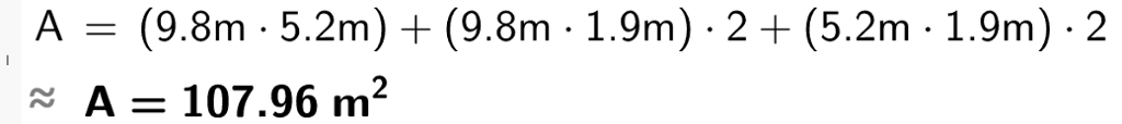 CAS-utrekning i GeoGebra. Det står A er lik parentes 9,8 m multiplisert med 5,2 m parentes slutt pluss parentes 9,8 m multiplisert med 1,9 m parentes slutt multiplisert med 2 pluss parentes 5,2 m multiplisert med 1,9 m parentes slutt multiplisert med 2. Under står det tilnærma lik A er lik 107,96 kvadratmeter. Skjermutklipp.