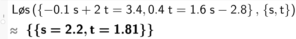 løs minus 0komma 1 s + 2t er lik 3 komma 4 og 0 komma 4 t er lik 1 komma 6 s minus 2 komma 8. CASutklipp.