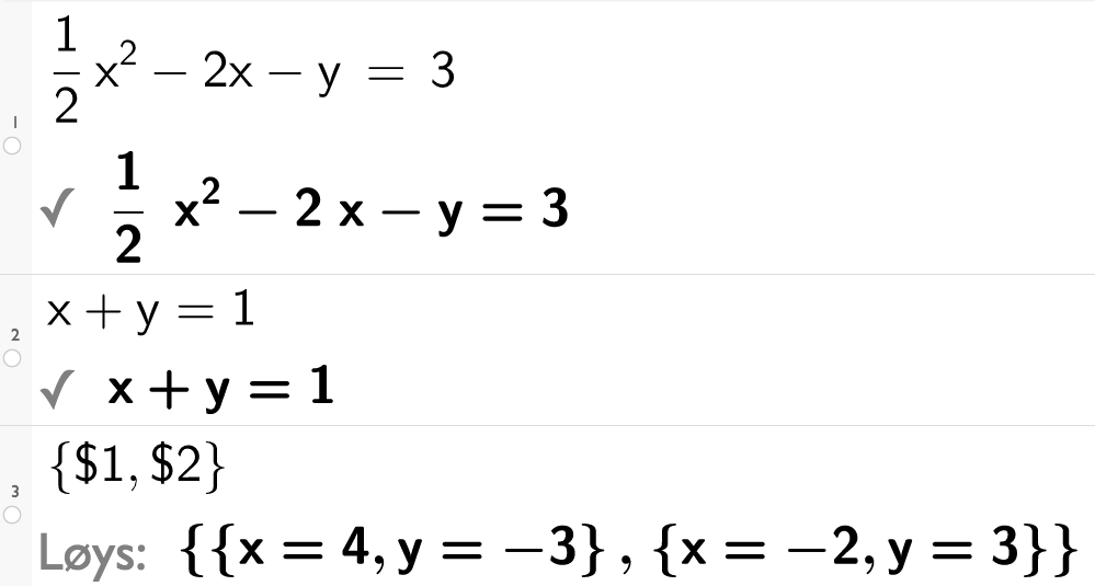 Likningssett av første og andre grad i GeoGebra. Illustrasjon.