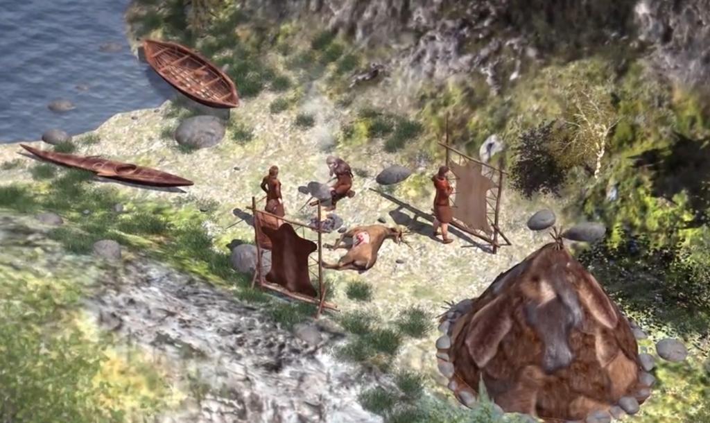 Jegersamfunnet i steinalderen. Jegere gjør opp byttet etter jakt ved en bosetting. Skjermdump fra animasjon om Steinalderen.