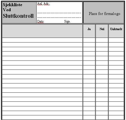 Sjekkliste ved sluttkontroll. Skjema.