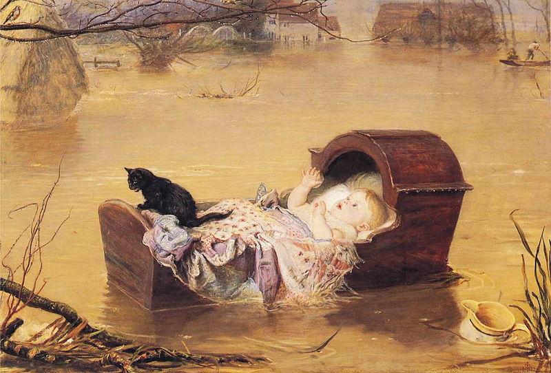 A baby and a black kitten float down a river in a wooden crib. The water is golden brown. 