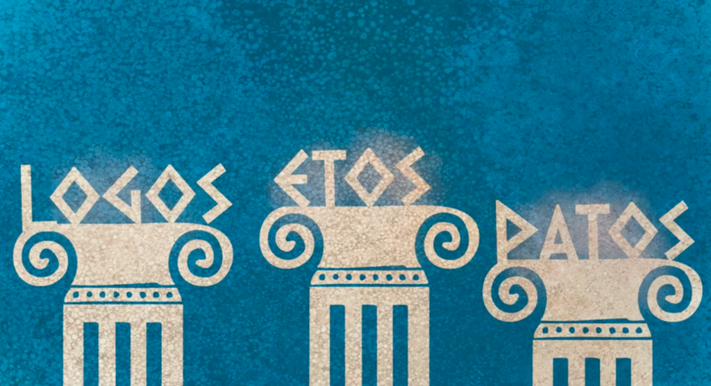 Logos, etos  og patos på antikke stolpar. Illustrasjon.