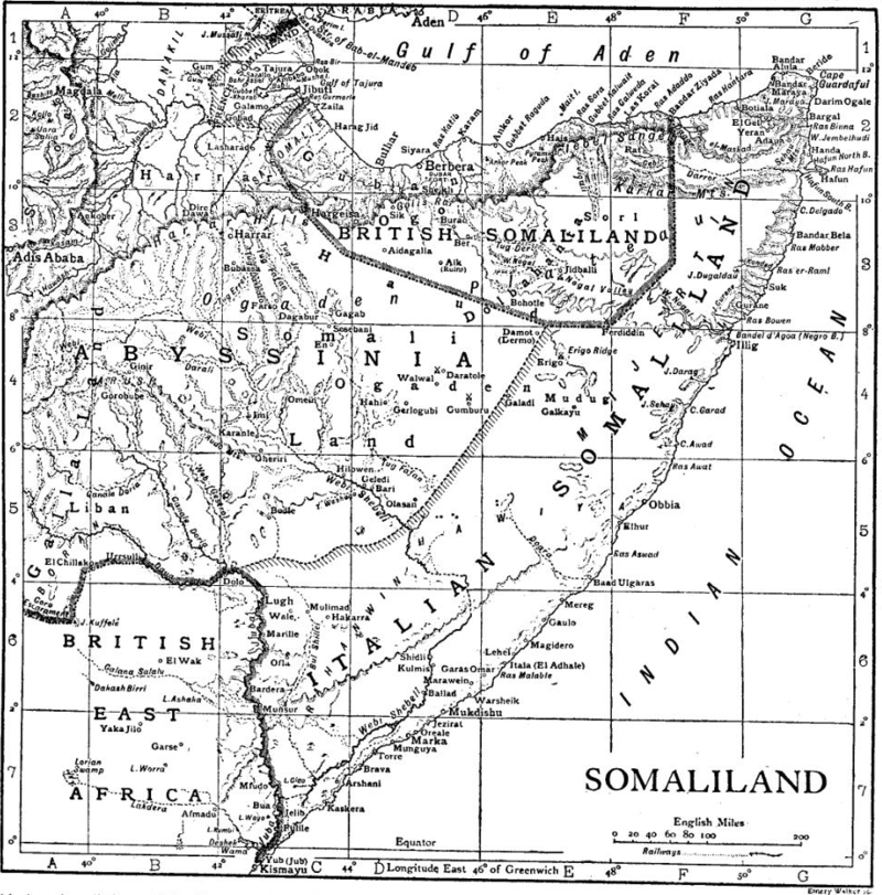 Kart over britisk, fransk og italiens Somaliland, samt Abyssinia, fra 1911. Kart.